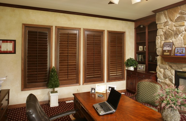 Hardwood plantation shutters in a Cincinnati home office